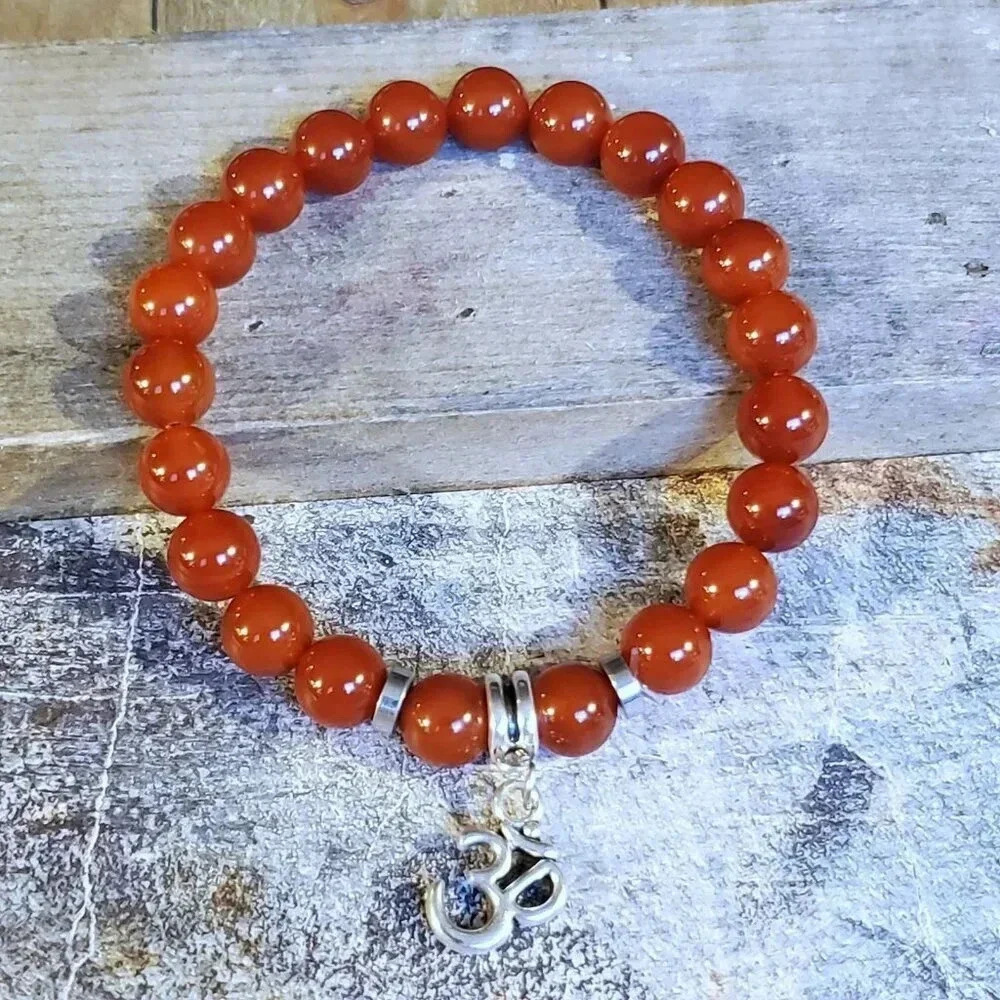 Om Aum Zen Mantra Red Carnelian Gemstone Stretch Bracelet - Picture 6 of 7
